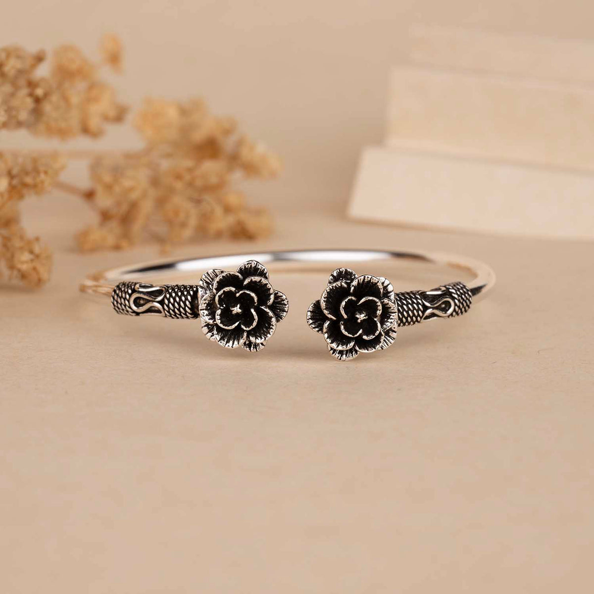 Silver oxidised Flower Cuff