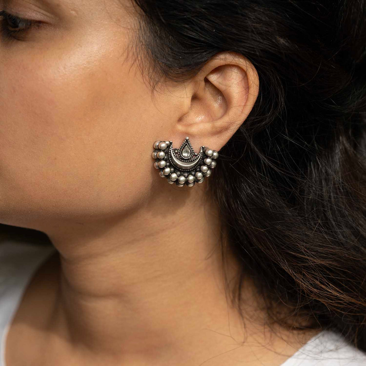 Oxidised Moon Silver Earrings
