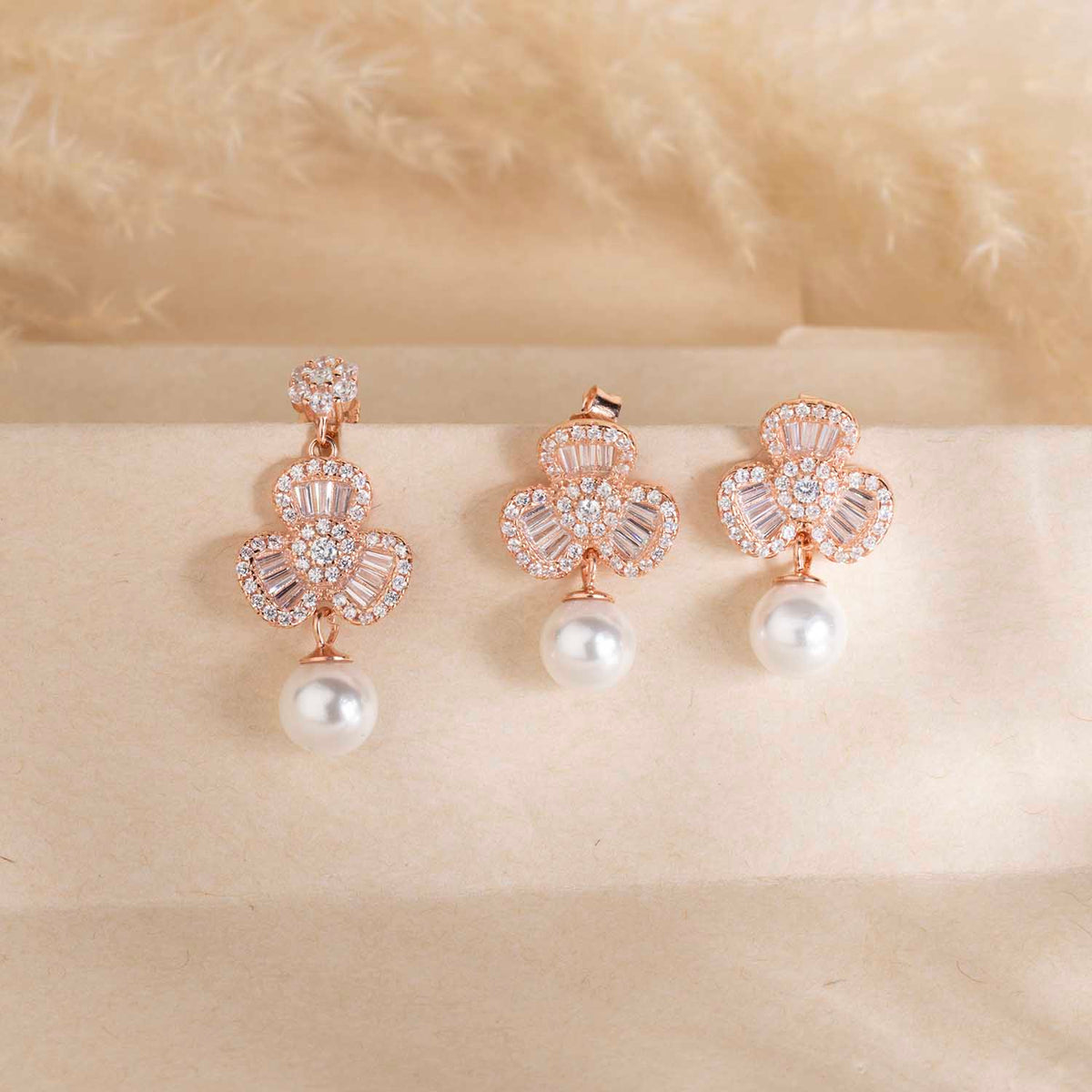 Floral Rose Gold Pendant & Earrings Set