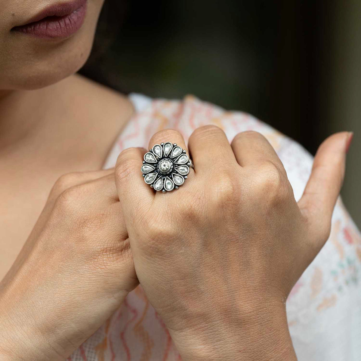Oxidised Flower Silver Ring