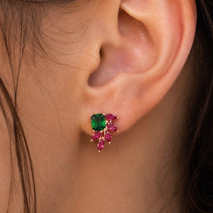 Emerald & Pink Floral Stud Earrings in 925 Sterling Silver