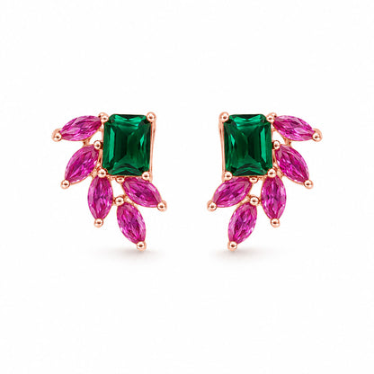 Emerald & Pink Floral Stud Earrings in 925 Sterling Silver