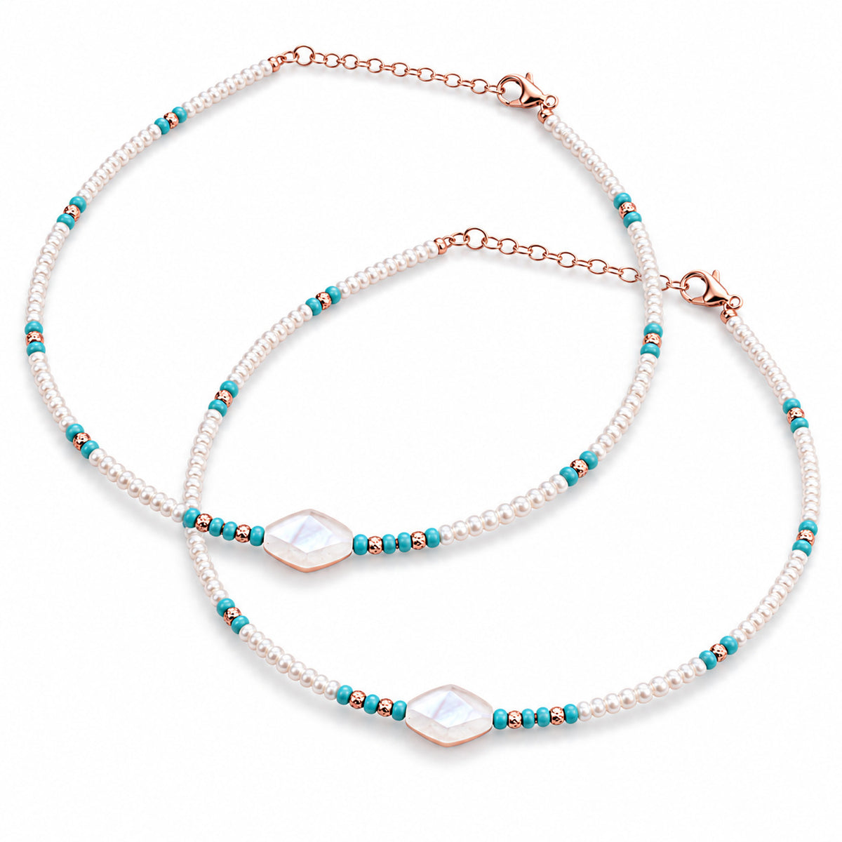Rose Gold Pearl, Turquoise Beaded Anklet in 925 Sterling Silver