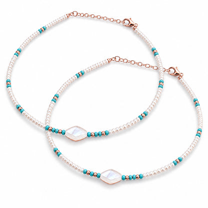 Rose Gold Pearl, Turquoise Beaded Anklet in 925 Sterling Silver