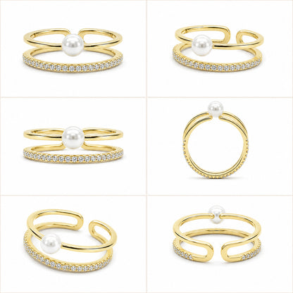 Gold 2 Lines Pearl & CZ Adjustable Ring