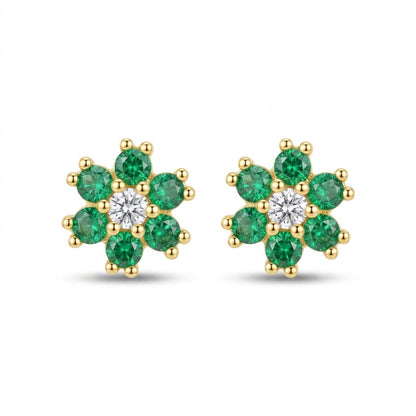 Emerald Green Flower Stud Earrings in 925 Sterling Silver (Gold Plated)
