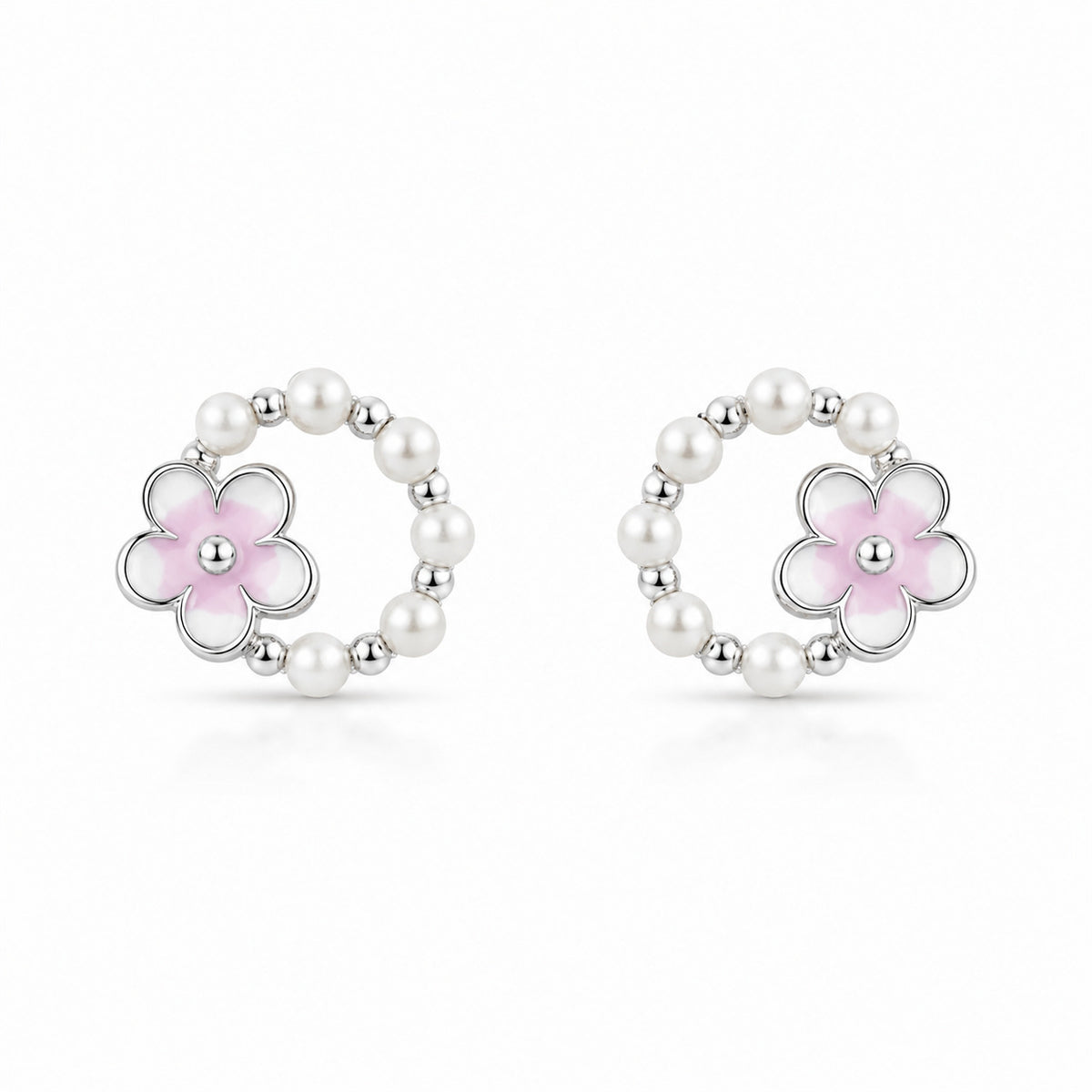 Pearl Blossom Circle Stud Earrings in 925 Sterling Silver