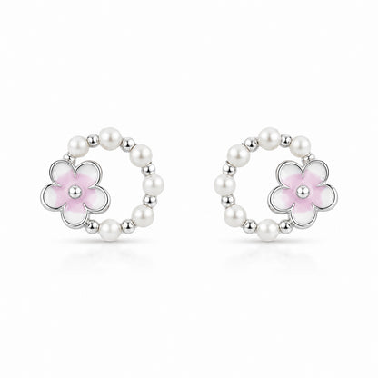 Pearl Blossom Circle Stud Earrings in 925 Sterling Silver