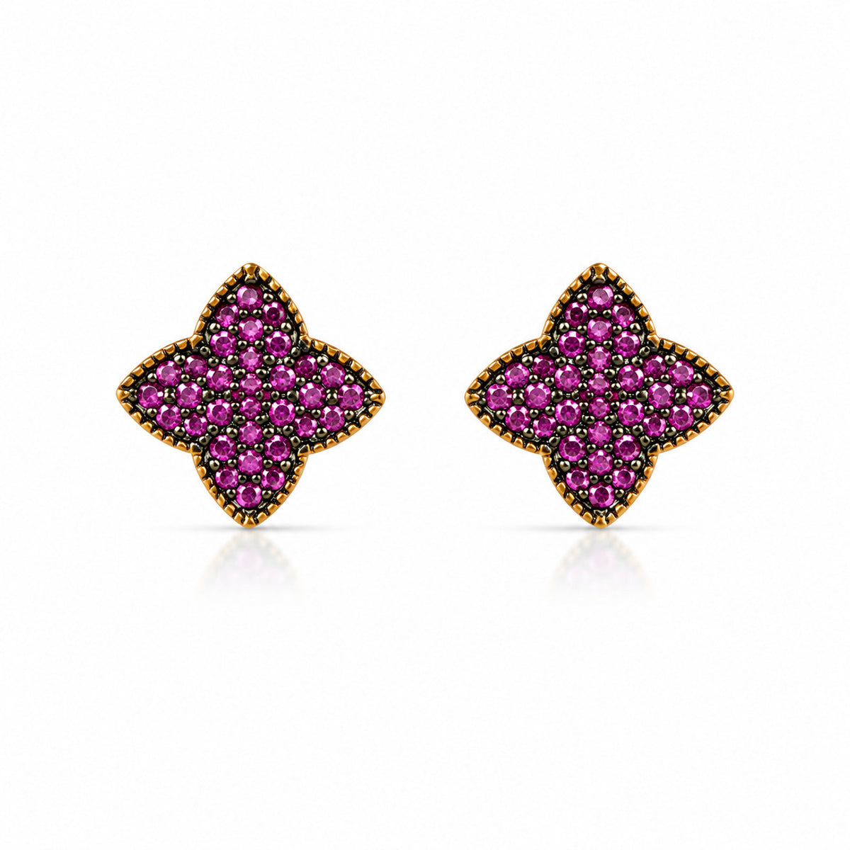 Ruby CZ Floral Stud Earrings in 925 Sterling Silver