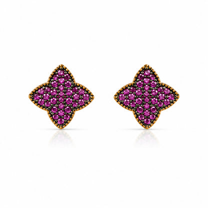 Ruby CZ Floral Stud Earrings in 925 Sterling Silver