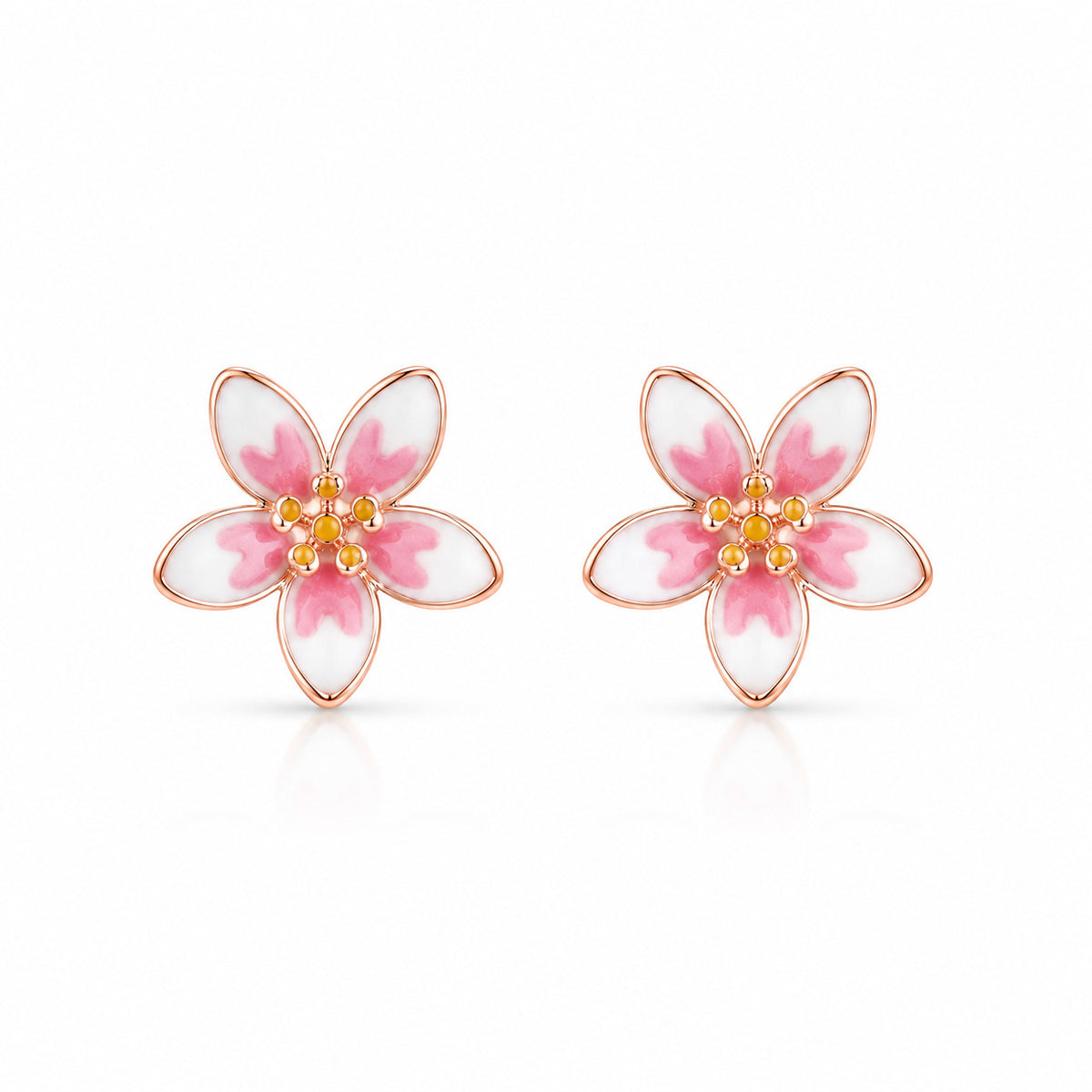 Pink Enamel Flower Stud Earrings in 925 Sterling Silver (Rose Gold Plated)