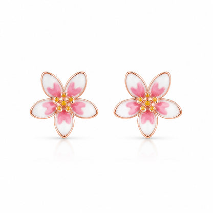 Pink Enamel Flower Stud Earrings in 925 Sterling Silver (Rose Gold Plated)
