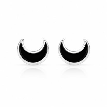 Black Crescent Moon Stud Earrings in 925 Sterling Silver