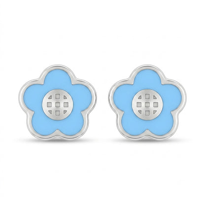 Blue Enamel Flower Stud Earrings in 925 Sterling Silver