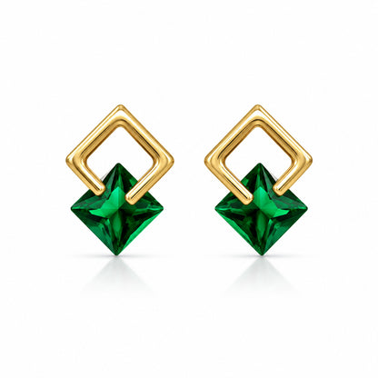Emerald Green Geometric Stud Earrings in 925 Sterling Silver (Gold Plated)