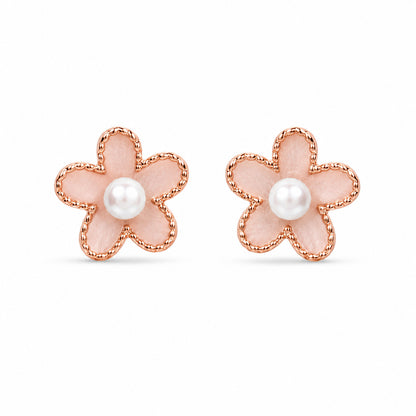 Pearl Flower Stud Earrings in 925 Sterling Silver (Rose Gold Plated)