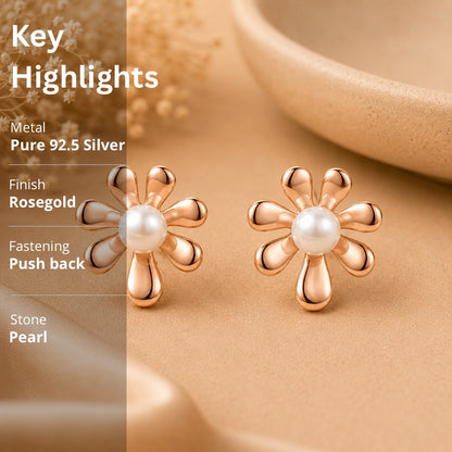 Pearl Flower Stud Earrings in 925 Sterling Silver (Rose Gold Plated)