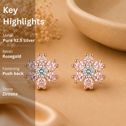 Blush Pink Flower Stud Earrings in 925 Sterling Silver (Rose Gold Plated)