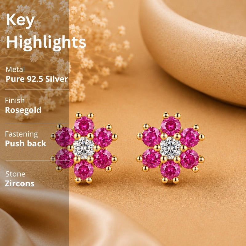 Pink Flower Stud Earrings in 925 Sterling Silver (Gold Plated)
