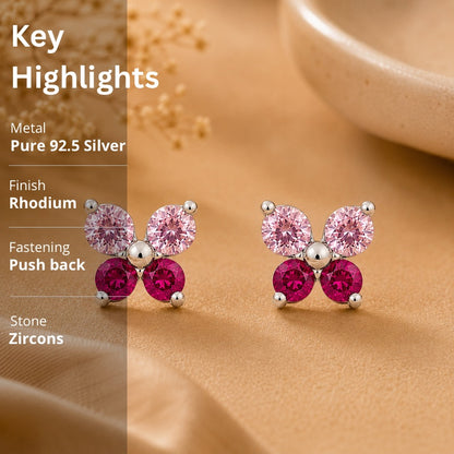 Pink Butterfly Stud Earrings in 925 Sterling Silver