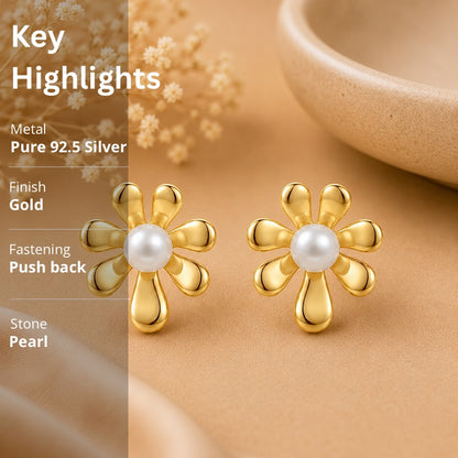 Pearl Flower Stud Earrings in 925 Sterling Silver (Gold Plated)