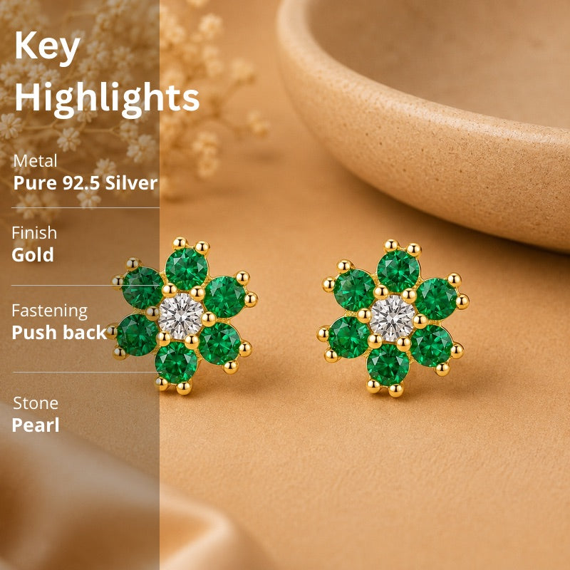 Emerald Green Flower Stud Earrings in 925 Sterling Silver (Gold Plated)