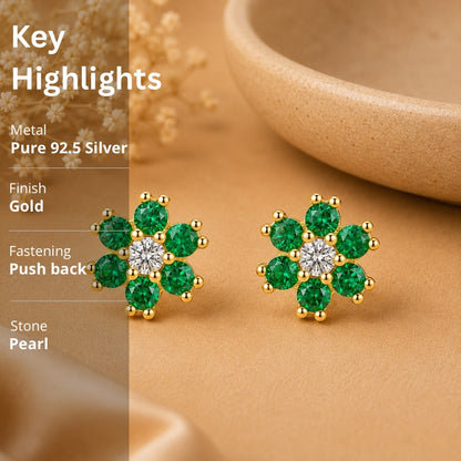 Emerald Green Flower Stud Earrings in 925 Sterling Silver (Gold Plated)