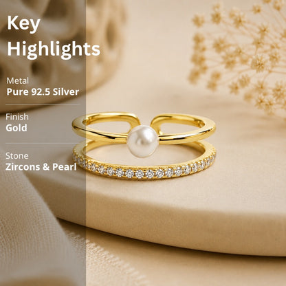 Gold 2 Lines Pearl & CZ Adjustable Ring