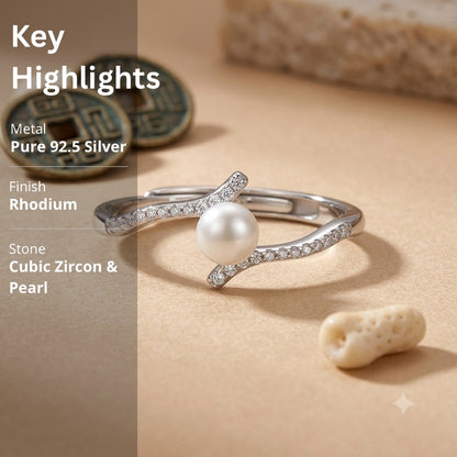 Silver Pearl Adjustable Ring in 925 Sterling Silver