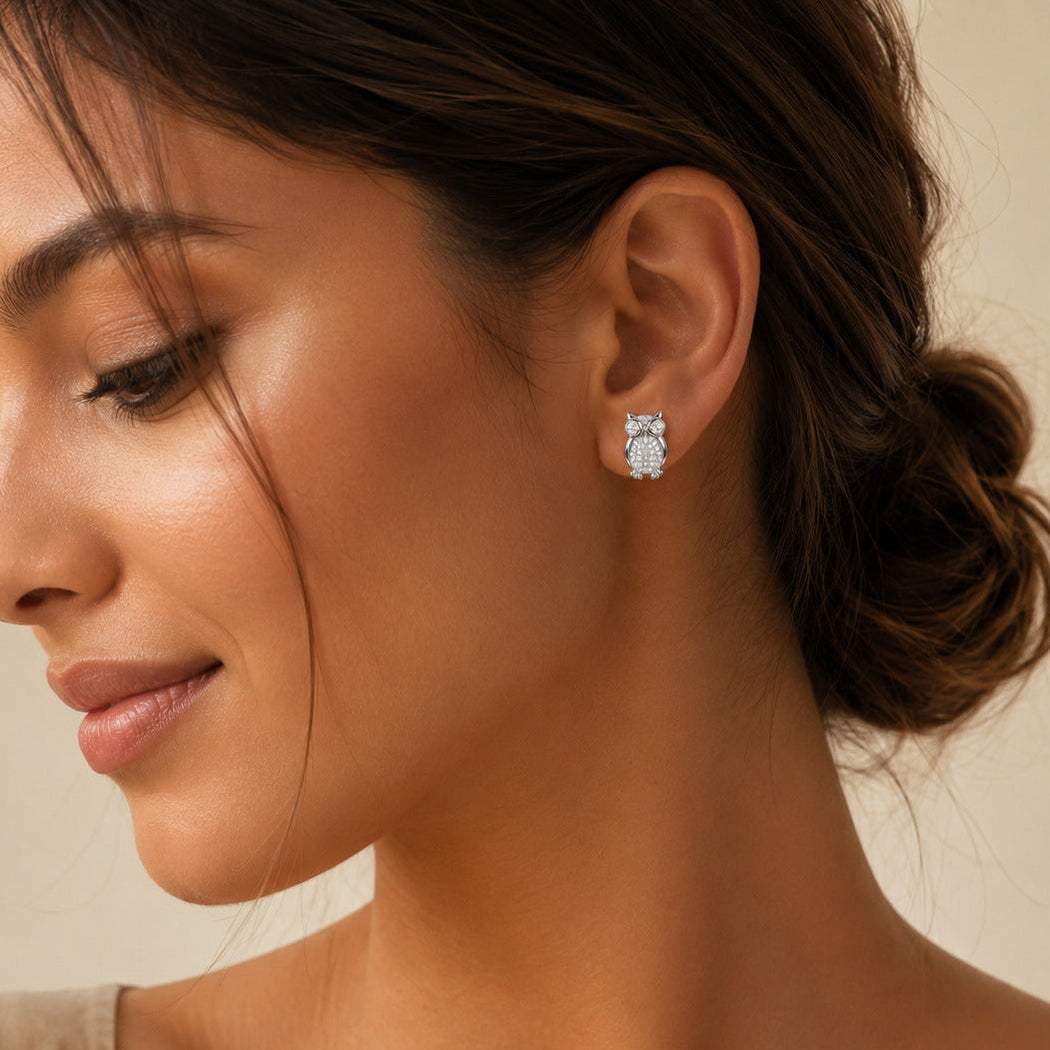 Owl CZ Stud Earrings in 925 Sterling Silver
