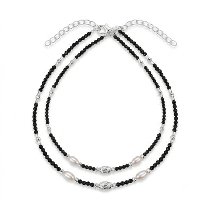 Silver Black Beads & Pearl Anklet in 925 Sterling Silver