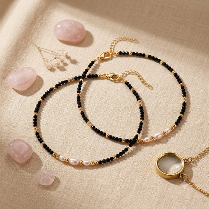 Black Beaded Pearl 925 Sterling Silver Anklet