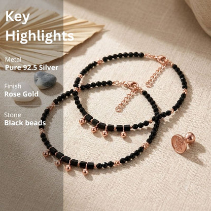 Rose Gold Black Beaded Anklet in 925 Sterling Silver