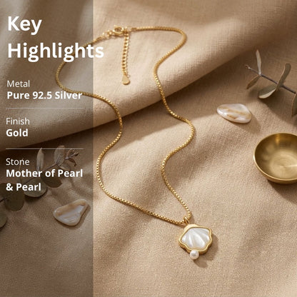 Golden Shell Pearl Necklace in 925 Sterling Silver