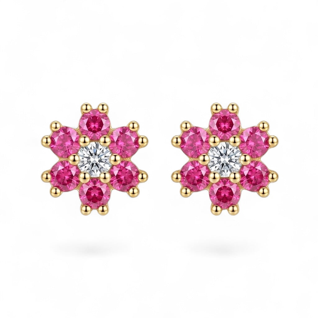 Pink Flower Stud Earrings in 925 Sterling Silver (Gold Plated)