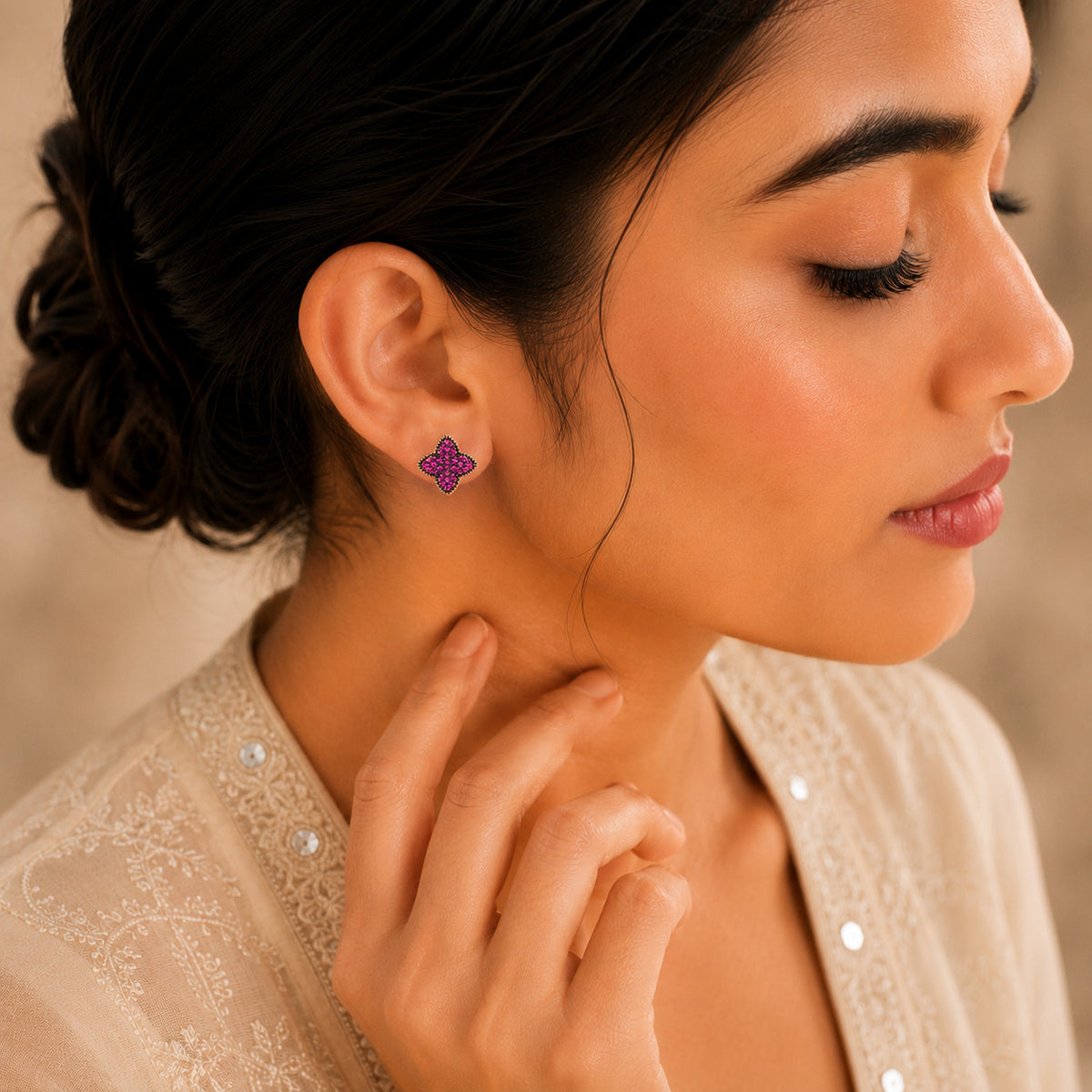 Ruby CZ Floral Stud Earrings in 925 Sterling Silver