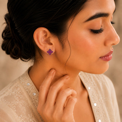 Ruby CZ Floral Stud Earrings in 925 Sterling Silver