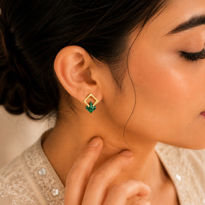 Emerald Green Geometric Stud Earrings in 925 Sterling Silver (Gold Plated)