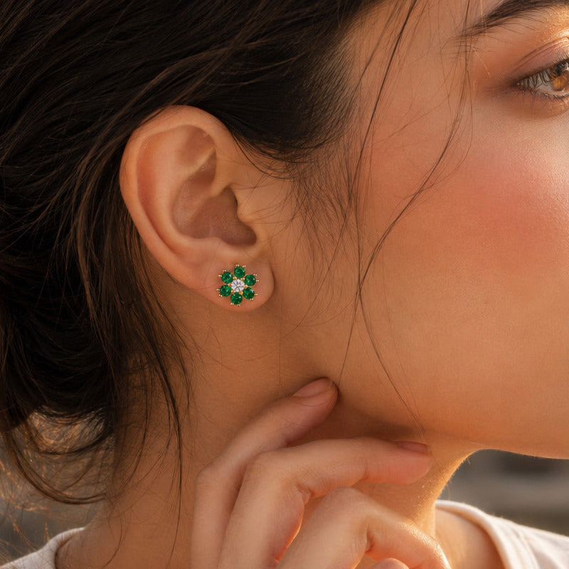 Emerald Green Flower Stud Earrings in 925 Sterling Silver (Gold Plated)