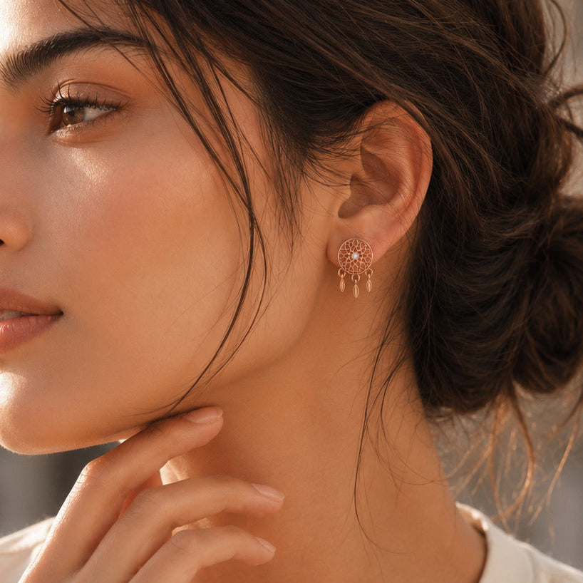 Rose Gold Dreamcatcher Stud Earrings in 925 Sterling Silver
