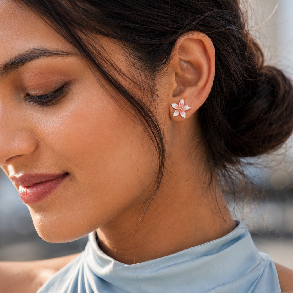 Pink Enamel Flower Stud Earrings in 925 Sterling Silver (Rose Gold Plated)